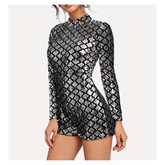 Black Silver Long Sleeve Geometric Sequin Romper - Picture 3 of 5